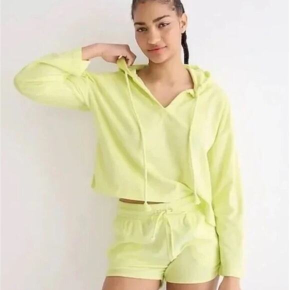 J. Crew Tops - J. Crew Towel Terry V-neck Hoodie Set Neon Yellow Women’s Medium Cozy Beachy